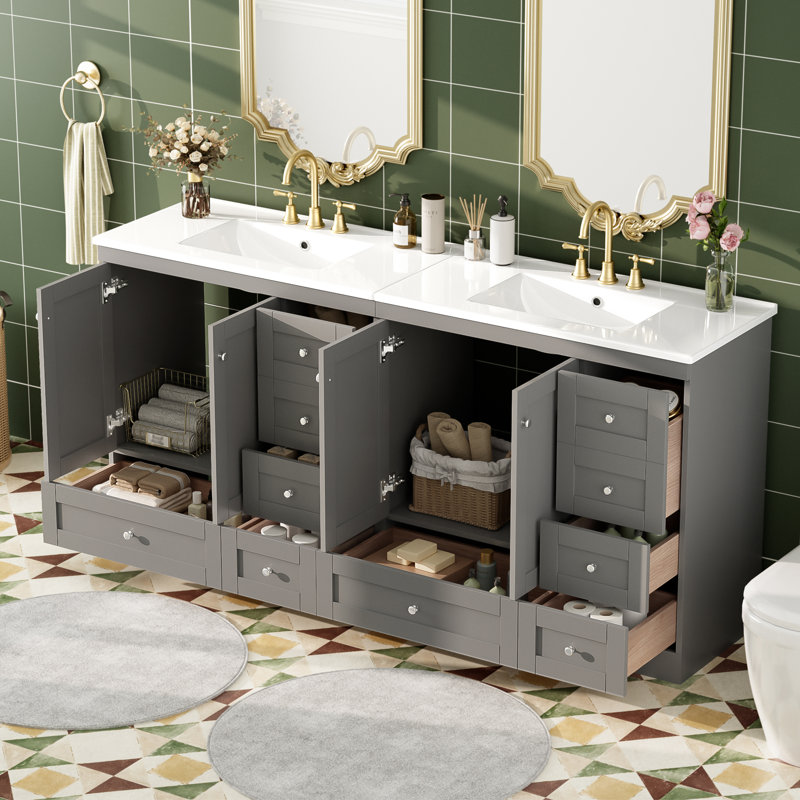 Meuble-lavabo autoportant de 72 po de style Shaker avec lavabo en céramique, Gris