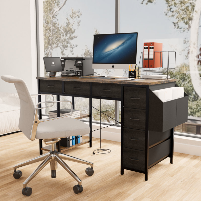 47" Computer Desk With Power Outlet,Writing Desk With 7 Fabric Drawers,Vanity Table Drawers And Large Side Pocket, Oak