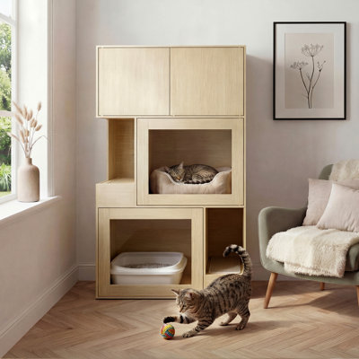 Cat Litter Enclosure with Storage & Scatter Guard for 2 Cats, Space Saving, 40Dx80Wx140H cm, Natural