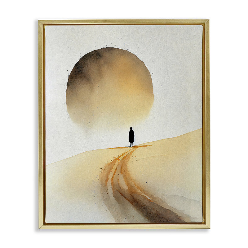 "Personne marchant dans le désert" par Dado, Cadre flottant métallique doré, H 31 po x l 25 po