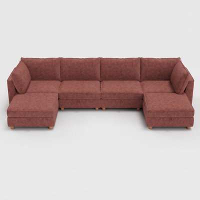 99" Modular Sectional Sofa Bed, 6-Seater Chenille Sleeper Sofa with Storage, Washable Covers & Movable Ottoman, Convertible U/L Shaped Modular Couch for Living Room