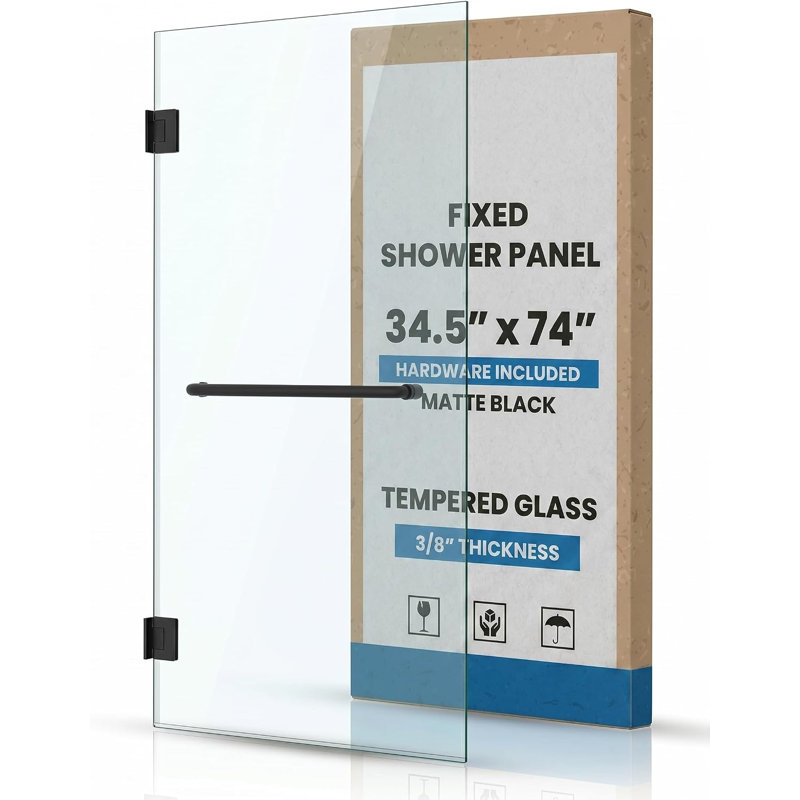 Porte de douche en verre à pivot à fermeture en douceur 34-1 / 2 po x 74 po, verre trempé transparent de 3/8 po (10 mm), porte de douche battante à charnière avec porte-serviettes, panneau de verre simple avec revêtement double face, noir