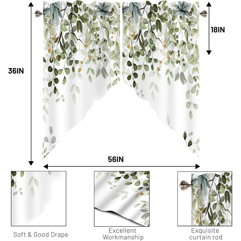 Rideaux à festons à motif de feuilles d'eucalyptus vert sauge (1 paire), rideaux pour salle de bain et chambre, motif aquarelle, parement de fenêtre