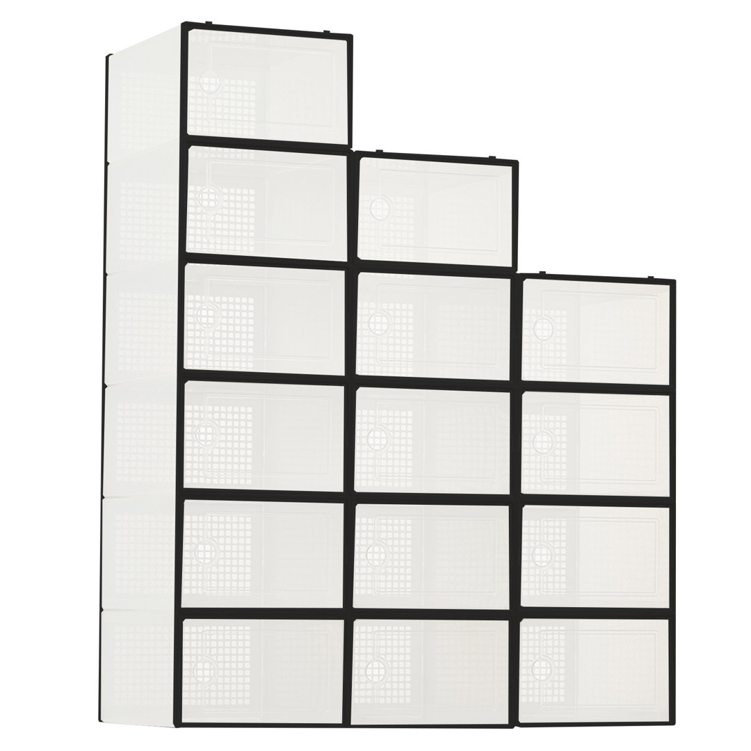 Black Collapsible Clear Shoe Storage Boxes - Stackable Organizer Bins with Lids, Space-Saving and Dustproof for Closet & Bedroom - 15PCS Black