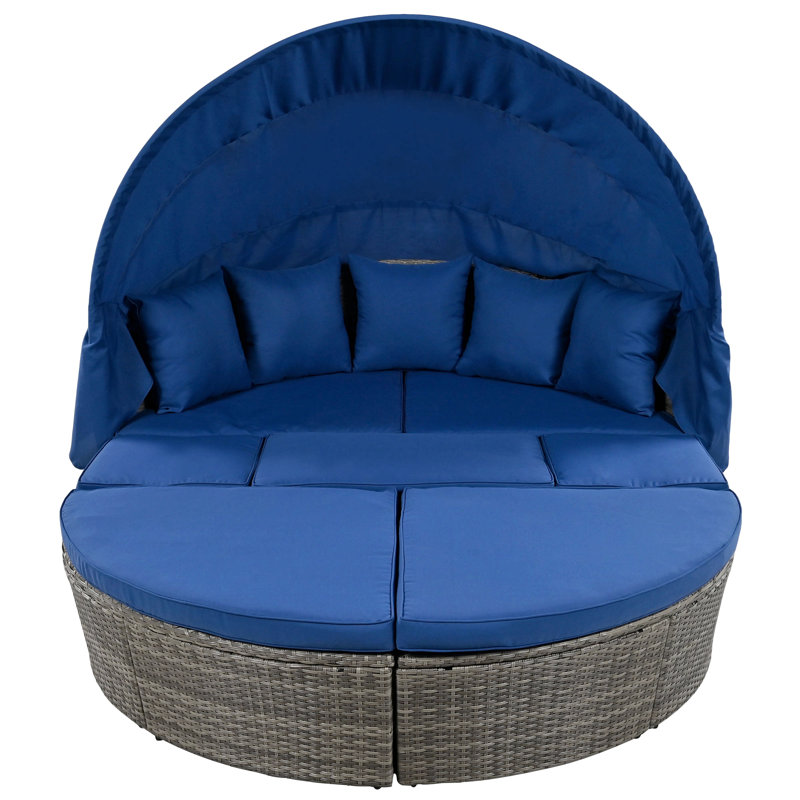 Lit de jour d'extérieur en rotin avec lit escamotable avec auvent rétractable, Coussin bleu / cadre gris
