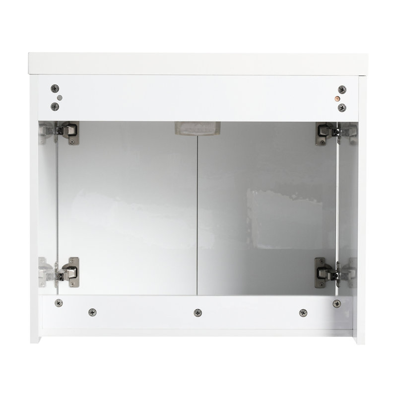 Meuble-lavabo de 61 cm avec lavabo en résine, 2 portes à fermeture douce, montage flottant, style contemporain, blanc lustré, ergonomique et pratique