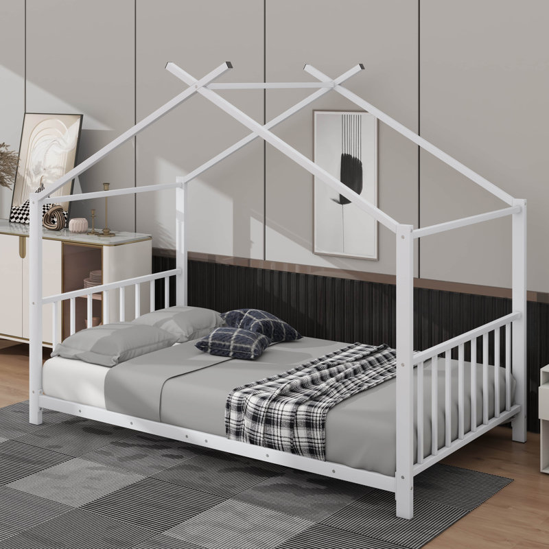 Lit plateforme simple en métal en forme de maison, Blanc