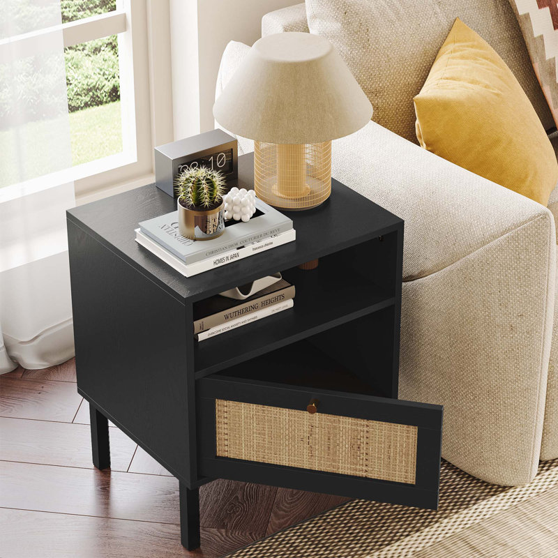 Aimara Rectangular Nightstand with Rattan Door, Black, Individual