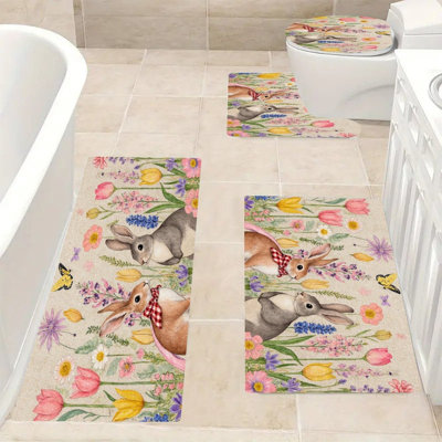 Floral Garden Bunnies, Bath Rug Set of 4 for Bathtub, Sink