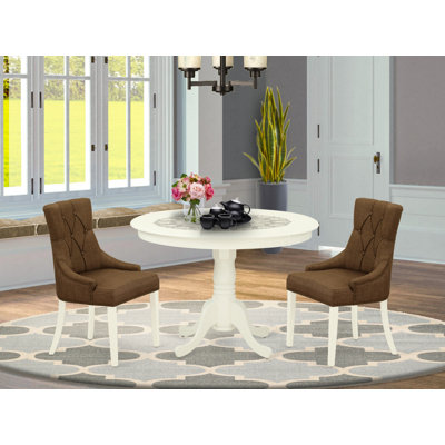 3 Piece Kitchen Table & Chairs Set Contains a Round Dining Room Table with Pedestal and 2 Brown Linen Fabric Parson Chairs, Linen White