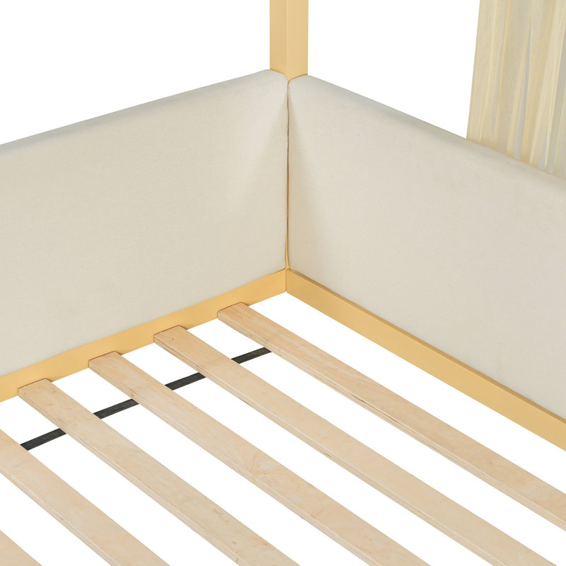 Lit simple à baldaquin avec panneaux latéraux rembourrés en velours, auvent en gaze respirante, base de lit plateforme à rembourrage doux, lit moderne à assemblage facile pour la chambre à coucher, chambre d'amis