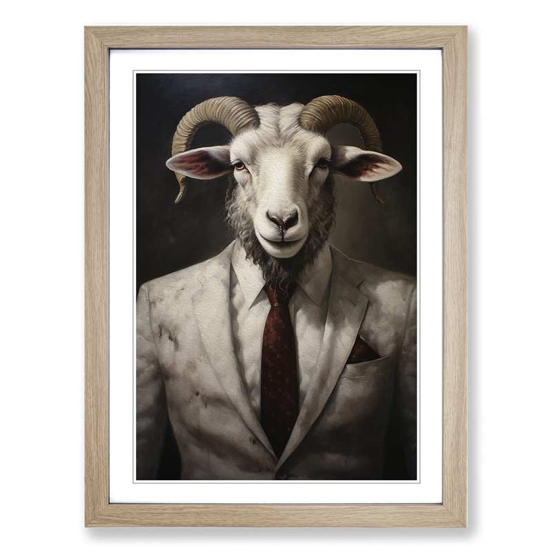 Ram Sheep in a Suit Painting No.5 - Framed Print, 64cm H x 46cm W x 2cm D, Oak