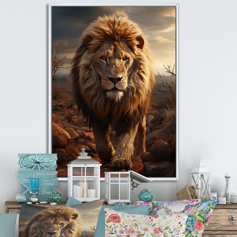 Moniet animal lion à Savan - impression, H 44 po x l 34 po x P 1,5 po, Toile à cadre flottant blanc