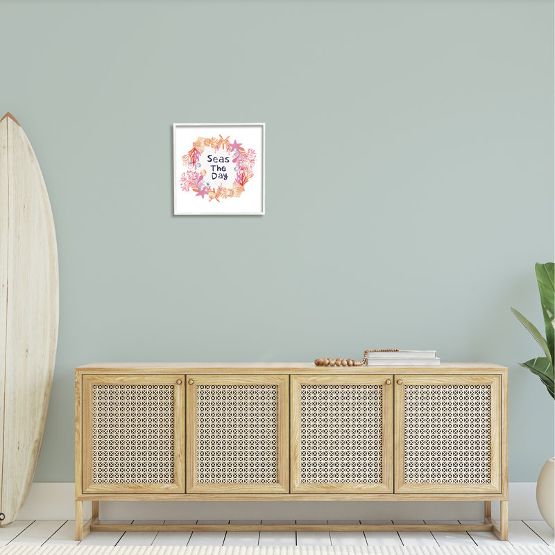 «Life Better At Beach» rayé nautique-ao-784, H 17 po x l 17 po x P 1,5 po, Giclée encadrée blanc bord de mer