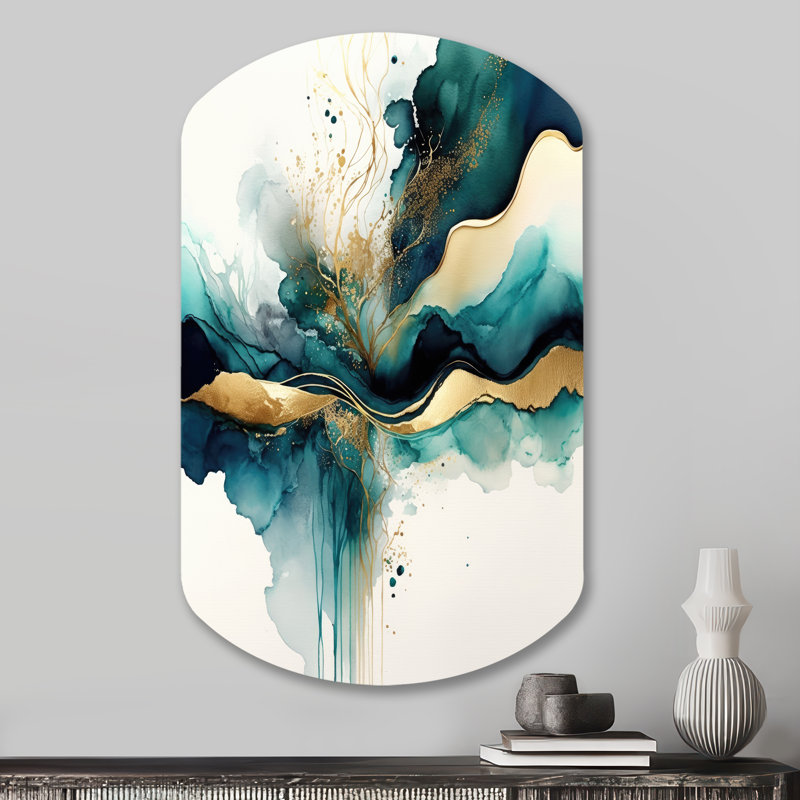 Sarcelle et or abstrait Expression III - encre liquide, impression asymétrique sur métal, cylindre moderne, décoration murale en métal
