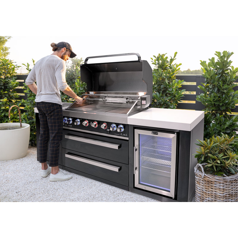Mont Alpi 6-Burner 115000 BTU Black Stainless Steel Outdoor Kitchen Island BBQ Grill + Refrigerator