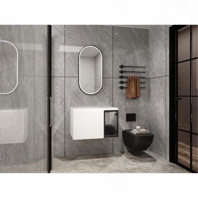 30" Wall-Mounted Bathroom Vanity, 2-Soft Close Doors,Glossy White Vanity & Grey Glass 1/2 Door, Plywood-Excluding Sink