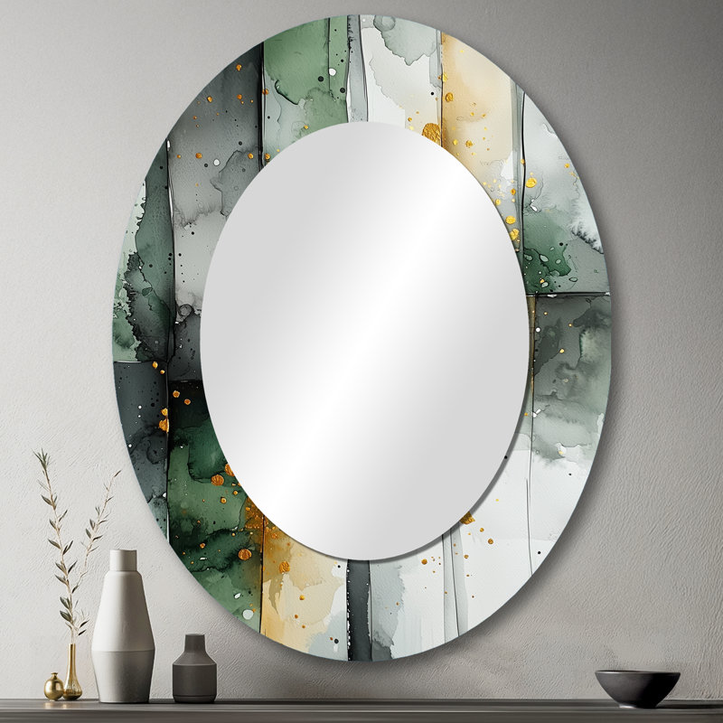 Gold Green Ethereal Optical Currents II - Green Oval Wall Mirror Decor, 43" x 33"