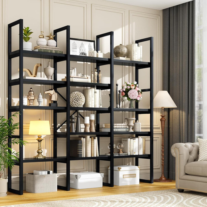 5-Tier Geometric Bookcase With Metal Frame, 71 Inch Tall Industrial Bookshelf For Living Room, Office, And Bedroom Storage