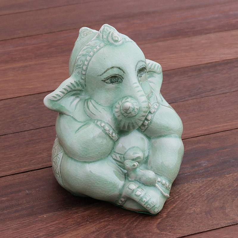 Figurine Flamad Ganesha et la souris Céladon en céramique