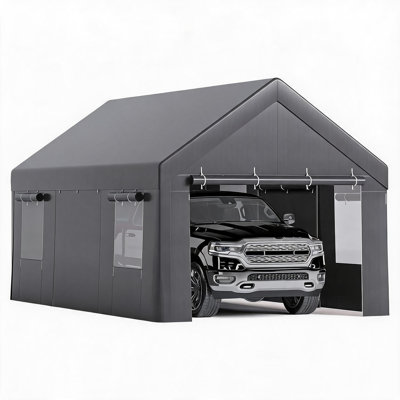 Heavy Duty 20x12x10 ft Portable Carport Tent – Waterproof PE Cover, 4 Roll-Up Doors, 4 Vent Windows – Large Outdoor Shelter for Trucks, Boats, Vehicles – Garage Storage – Gray
