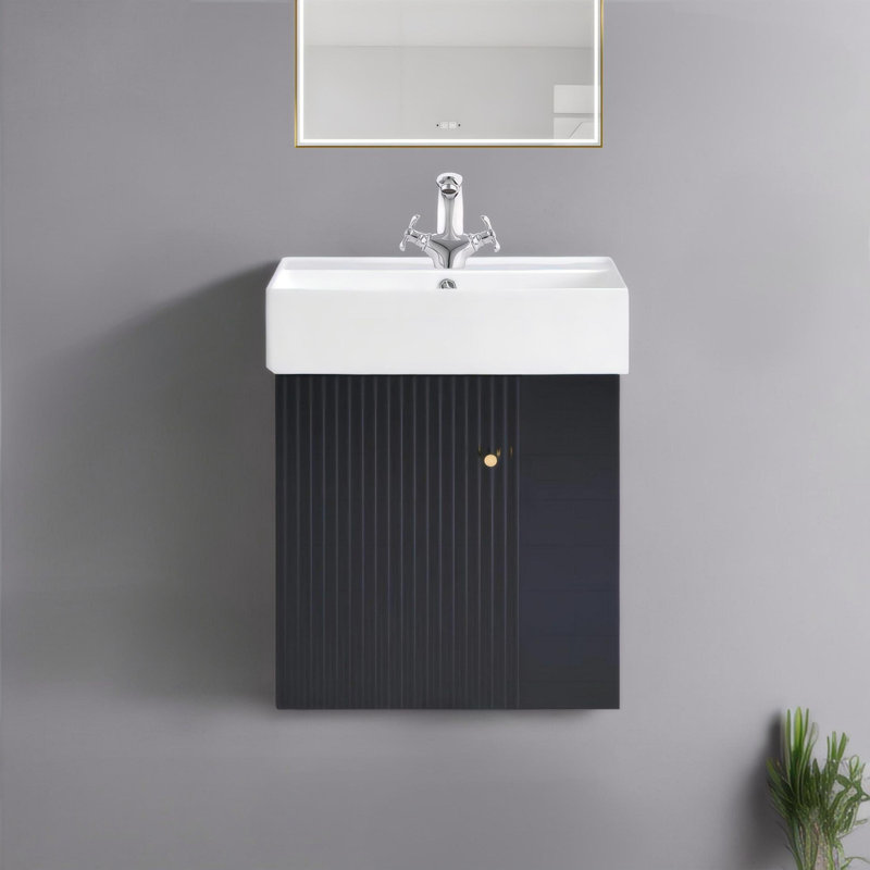 21.6 inch Modern Floating Bathroom Vanity with Ceramic Basin - Perfect for Small Bathrooms, Right side storage, Black