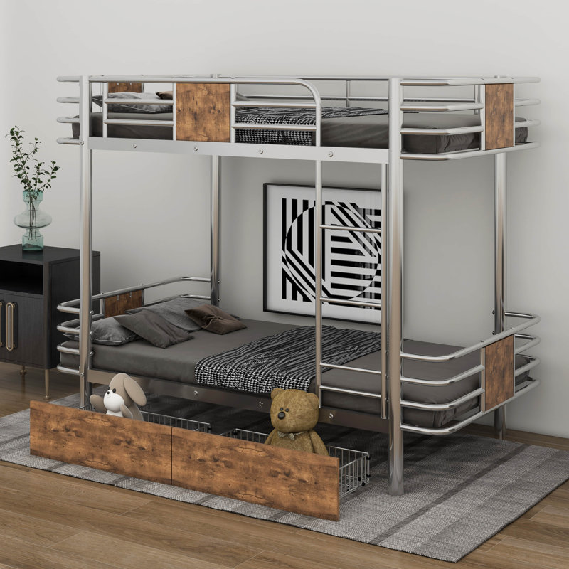 Twin XL Over Twin XL Metal Bunk Bed With Drawers, Silver