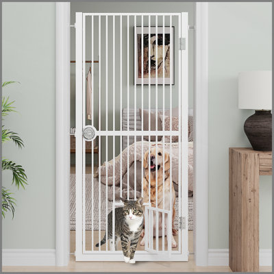 61" Extra Tall Cat Gate for Doorway, Adjustable Wide 30.2"-32.6" Dog Door with Cat Door, Suitable for Doorways or Kitchen, No Drilling Pressure Mount Kit, White