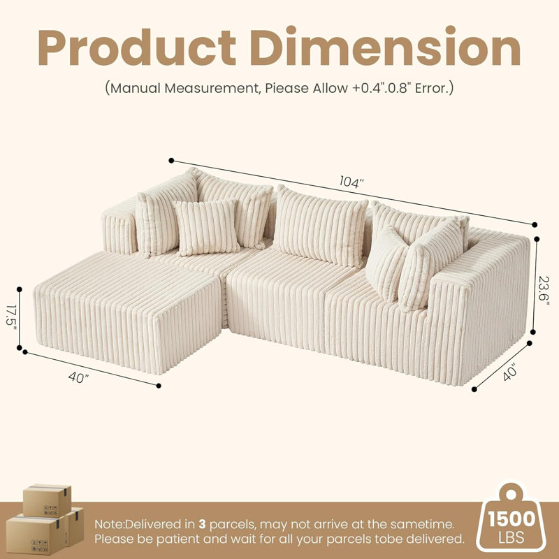 Canapé modulaire en velours côtelé de 104 pouces, canapé désossé en velours côtelé pour salon, canapé modulaire en L avec repose-pieds amovible et siège profond, sans assemblage requis, beige