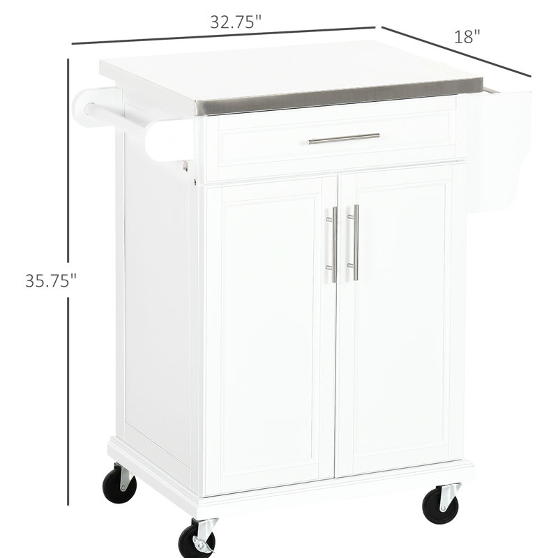 Comptoir de cuisine mobile blanc avec surface en acier inoxydable, tiroir, porte-serviettes, support à épices et îlot de rangement, espace