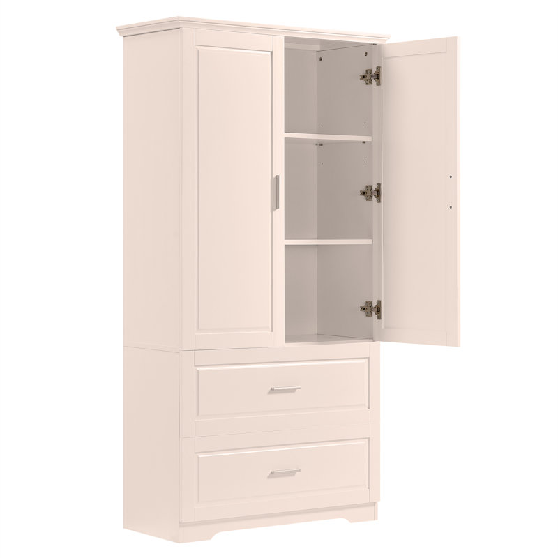 Armoire de rangement haute pour salle de bain, armoire avec deux portes et tiroirs, tablette réglable, panneau de fibres à densité moyenne, blanc