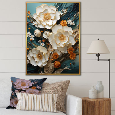 Or et fleurs blanches sur pierre bleue III - Fleurs, art mural