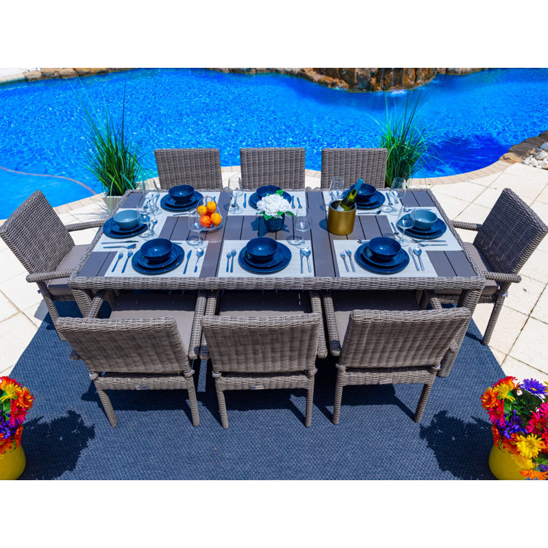 Aleyza 8 - Person Wicker Patio Dining Set with Rectangular Table , Sunbrella® Cushions Included, Taupe