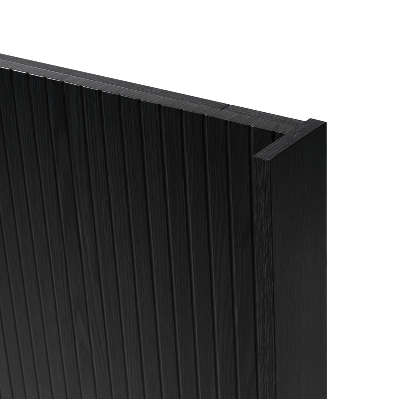 Tête de lit en bois de chêne noir de 64,4 po de largeur pour grand espace de couchage, feuille de route moderne à oreilles cannelée murale, maquillage véritable élégant, perspective 3D contemporaine et assemblage rapide