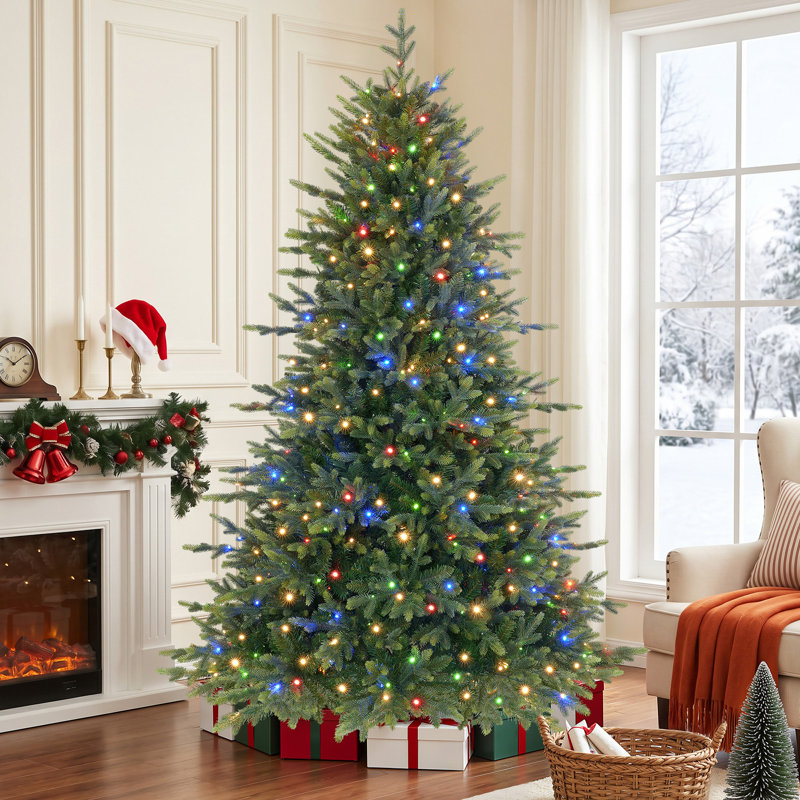 Sapin de Noël artificiel pré-illuminé en sapin baumier avec minuterie et lumières DEL à couleurs changeantes, base en métal, 1,5 à 2,3 m