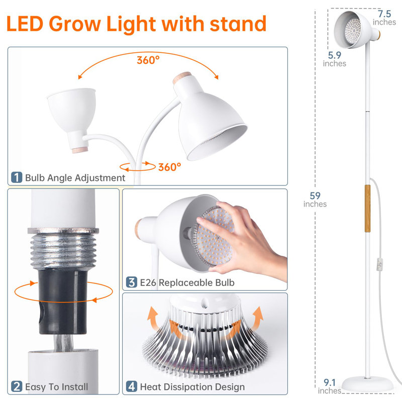 White Adjustable Full Spectrum LED Floor Grow Light with Timer