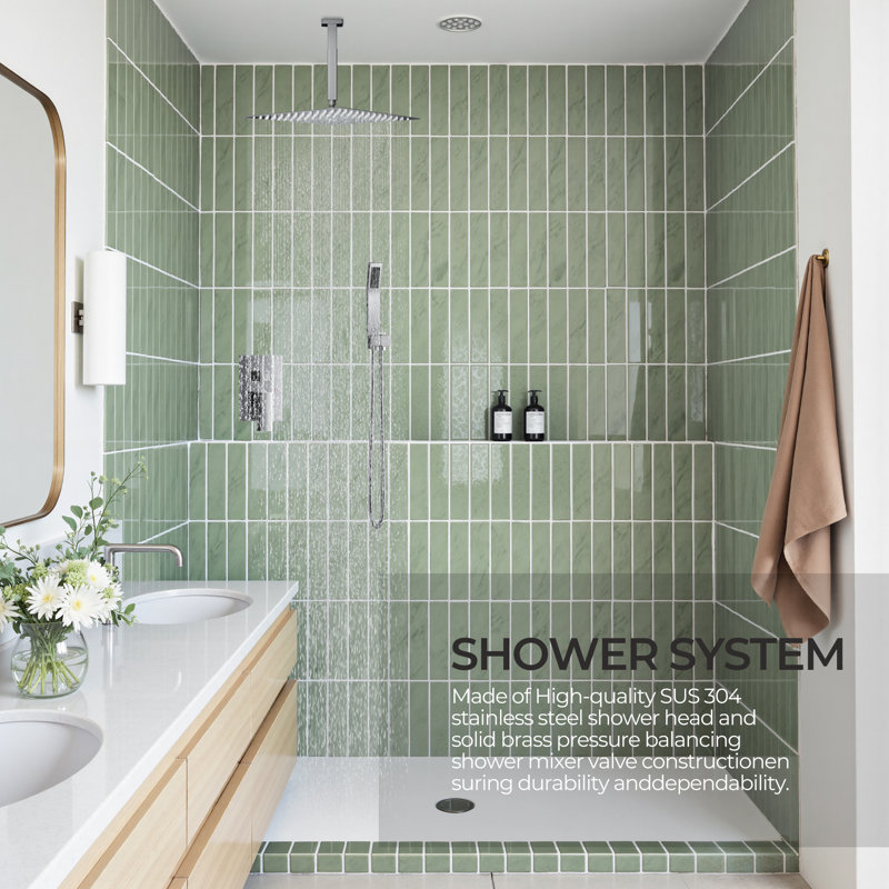 12 In Rainfall Shower System - Ceiling Mount, Rain Shower Heads With Handheld Spray, Thermostatic Shower Faucet Set Complete Shower Trim Kit With Rough-in Valve