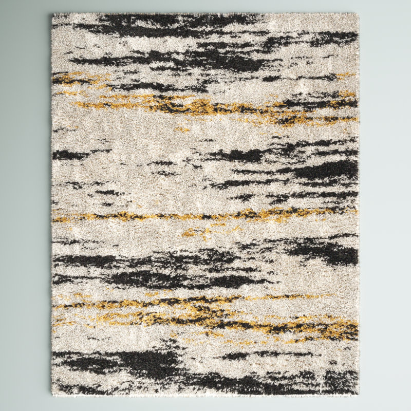 Tapis beige / noir / jaune à poils longs Jubei Modern Bold Strie, Rectangle 7 pi 9 po x 10 pi