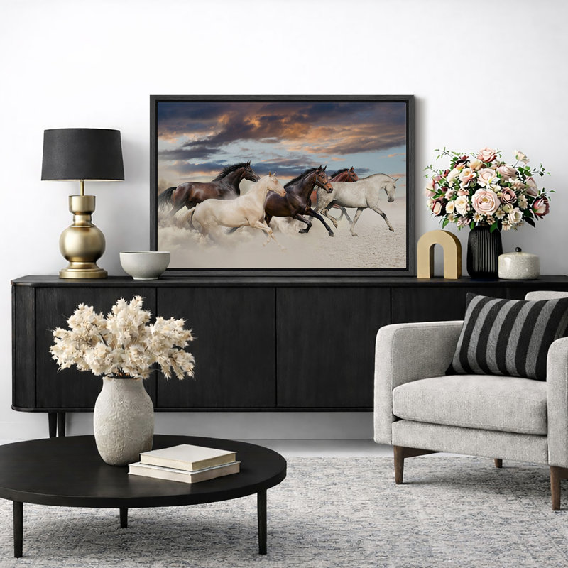 Running Horses Landscape Artwork, Dynamic Nature Animal Scene Pictures, Framed Canvas Giclee Print Wall Art, Black Frame