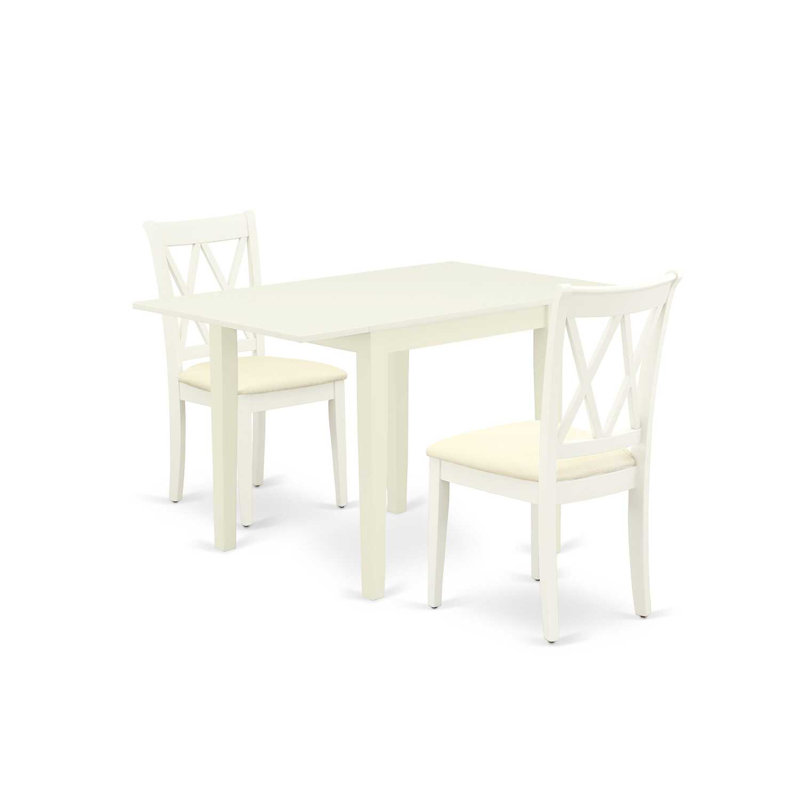 3 Piece Dining Room Table Set Contains a Rectangle Kitchen Table with Dropleaf and 2 Linen Fabric Upholstered Dining Chairs, 30x48 Inch, Linen White