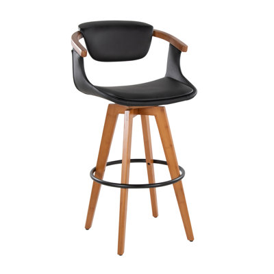 Tabouret de bar Mid-Century moderne de 29 po de hauteur fixe avec pivot en bambou noyer et similicuir noir avec repose-pieds rond en métal noir