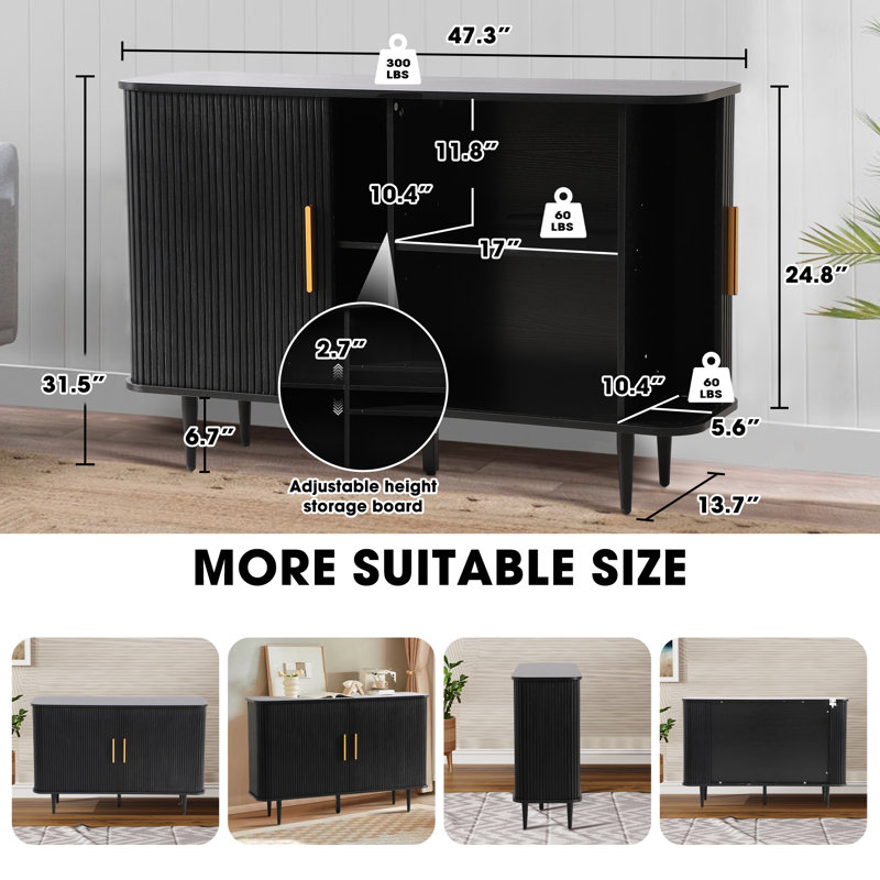 47" Sideboard Buffer Cabinet with Fluted Slide Doors, Tambour Storage Cabinet with Adjustable Shelves, Black