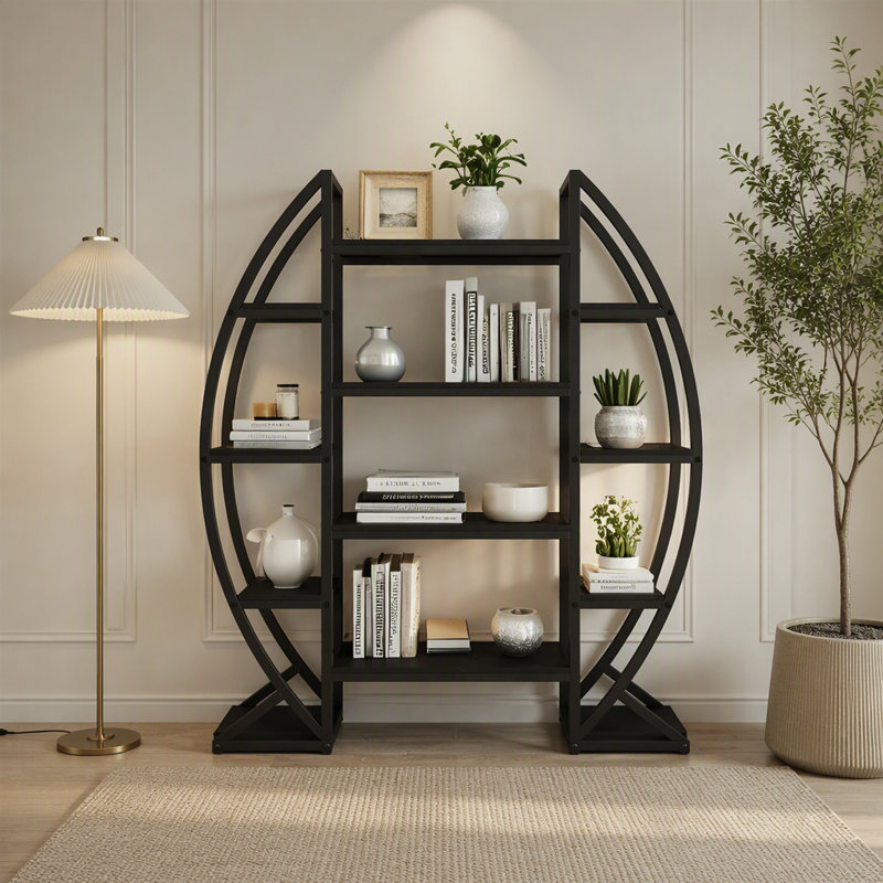 Bibliothèque étagère industrielle ovale triple avec tablettes en bois rustique et cadre en métal robuste pour la présentation de la maison.