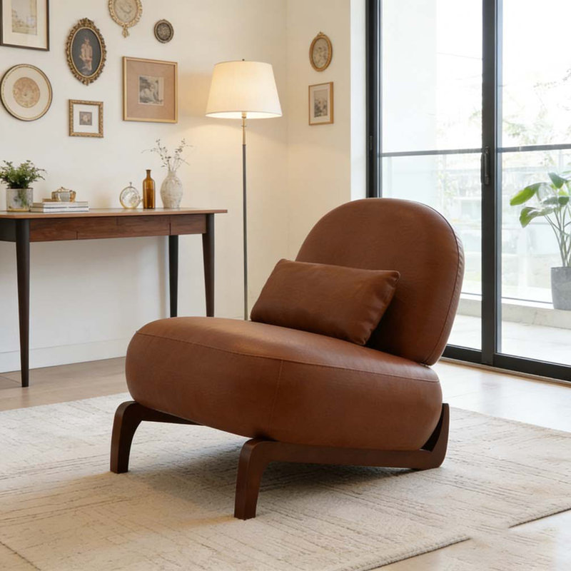 Cute Accent Chair with Solid Wood Legs, Brown, Faux Leather