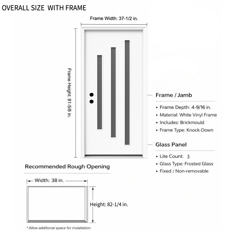 Ensemble de 3 portes contemporaines en fibre de verre 36 po x 80 po, Droite / vers l'intérieur
