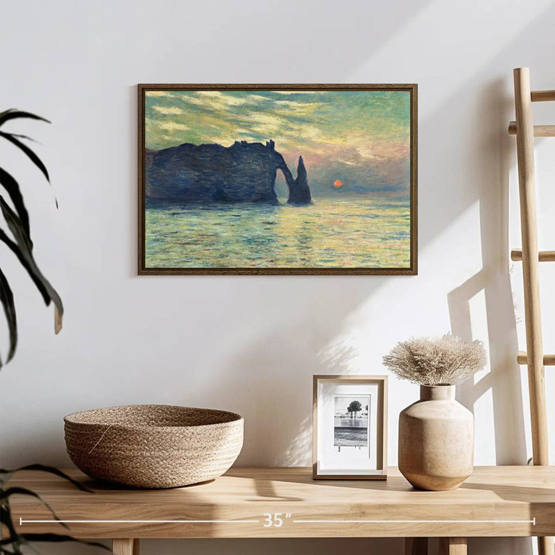 Coucher de soleil sur la falaise d'Etretat, 19 po x 13 po, Cadre flottant noyer
