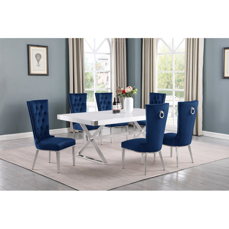 Ensemble de salle à manger rectangulaire L 78 po x l 40 po Hitansh, 7, Marine / Argent, Argent