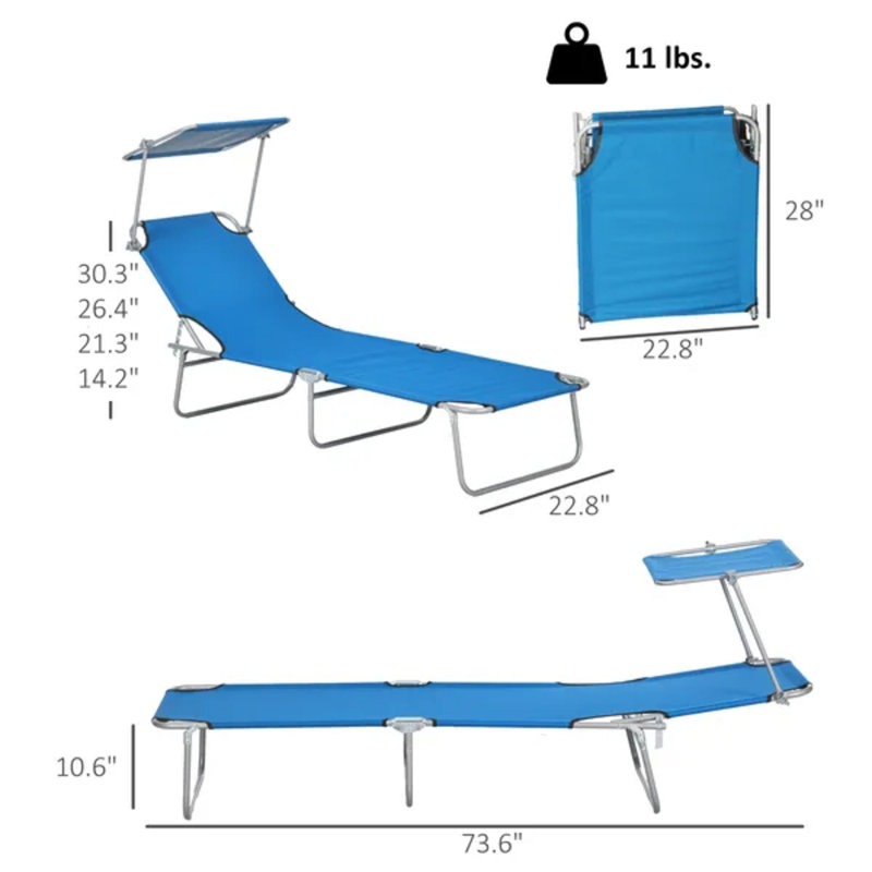 Chaise longue bleue pliante avec abat-jour réglable