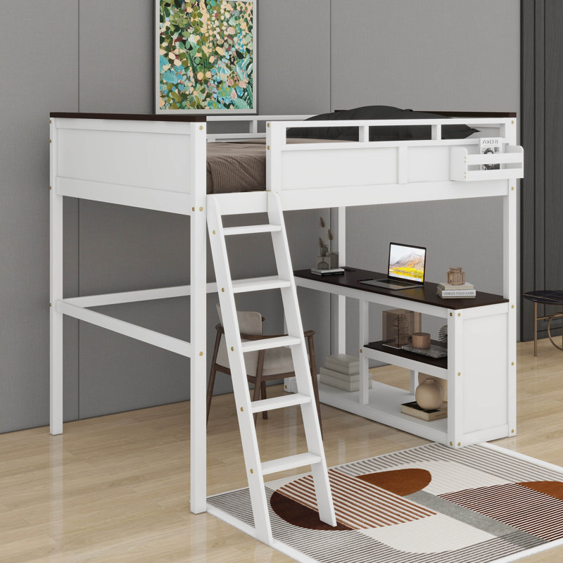 Queen Size Loft Bed With Desk,Open Shelf And USB Charging Station