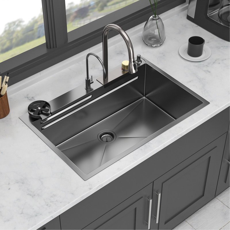 Évier de cuisine 33 po x 22 po x 10 po en acier inoxydable de calibre 16 noir T304 avec cascade, robinet coulissant et passoire